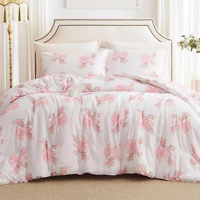 Pink Bow Duvet Cover Queen 3Pcs Pink Floral Bedding Set for Girls Kids,Cute Princess Style Bowknot Bedding,Ultra Soft Garden Flower Bedding with 2 Pillowcases(No Comforter)