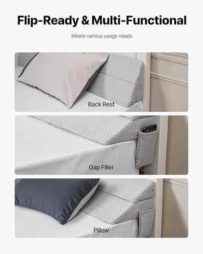 VEVOR Bed Wedge Pillow for Headboard, King Size, 76"x10"x6" Bed Gap Filler, Fill 0-7" Gap Between Headboard and Mattress, 25D Foam Mattress Wedge Headboard Pillow with Side Pocket, for Backrest, Gray
