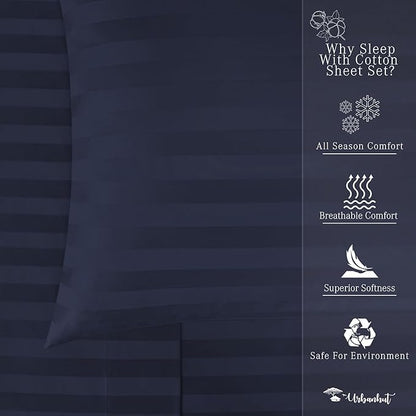 URBANHUT 1000 Thread Count Damask Striped Full Sheet Set Egyptian Cotton Sheets, Long Staple Soft & Breathable, 4 Pc Bed Sheet Sets, Luxury Hotel Sateen Sheets Fits 16" Deep Pocket - Navy Blue