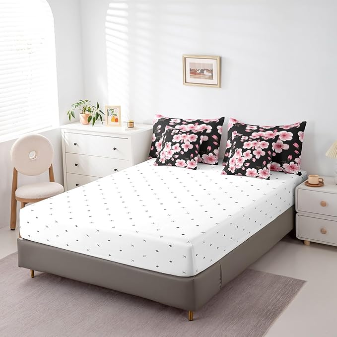 Feelyou Cherry Blossom Bed in a Bag Full Size Japanese Floral 7 Piece Bedding Set for Kids Girls Teens Toddler Pink Flower Comforter Set with Sheets Romantic Bed Set