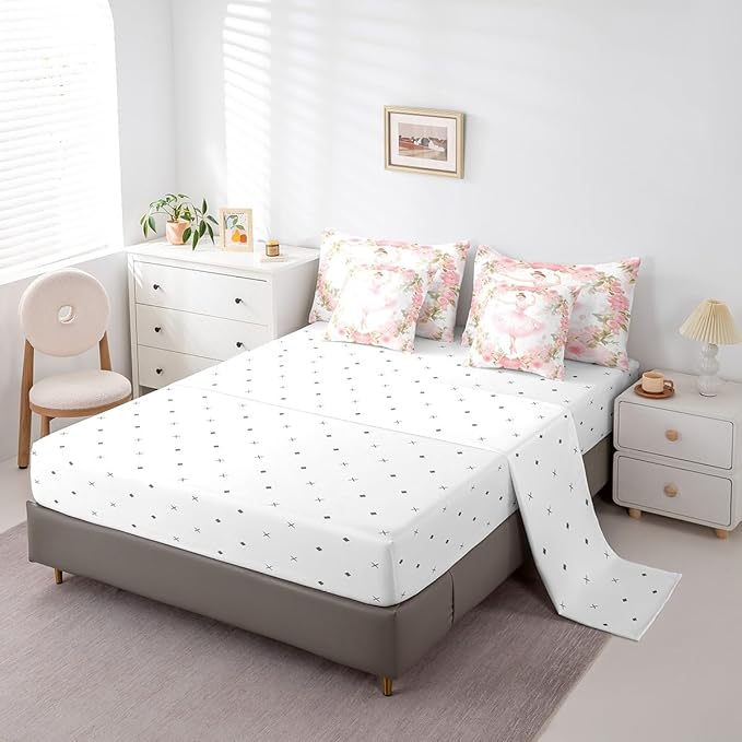 Feelyou Ballet 7 Piece Bedding Set - Full Size Cute Ballet Girls Comforter Set with Sheets for Kids, Teens, Toddler Dancing Girl Bed in a Bag - Pink Rose Bed Set