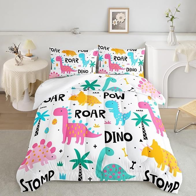 Axolotl Girls Cartoon Dinosaur Bedding Comforter Set,Cute Colorful Dinosaur Bedding for Girls Teens,Kawaii Dino Animal Kids Comforter Set for Boys Adults,1 Quilt 2 Pillow Cases,White King Size