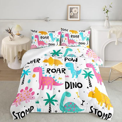 Axolotl Girls Cartoon Dinosaur Bedding Comforter Set,Cute Colorful Dinosaur Bedding for Girls Teens,Kawaii Dino Animal Kids Comforter Set for Boys Adults,1 Quilt 2 Pillow Cases,White King Size