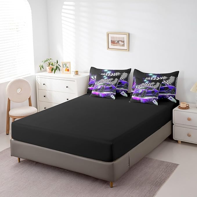 Feelyou Purple Racing Car 7 Piece Bedding Set King Size Extreme Sport Comforter Set with Sheets for Kids Boys Girls Teens Toddler Fast and Furious Bed in a Bag Black White Flag Bed Set