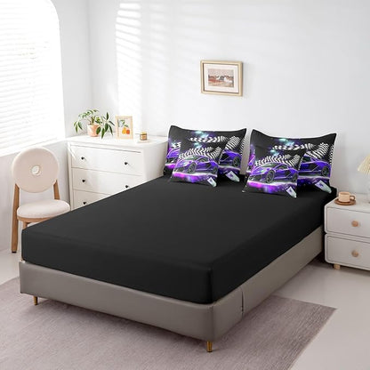 Feelyou Purple Racing Car 7 Piece Bedding Set King Size Extreme Sport Comforter Set with Sheets for Kids Boys Girls Teens Toddler Fast and Furious Bed in a Bag Black White Flag Bed Set