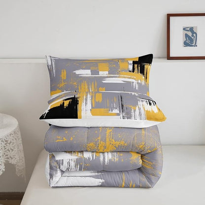 Abstract Bedding Set Kids Modern Abstract Art Comforter Set Yellow Grey Black Comforter for Boys Room Decor Lightweight Retro Duvet Set Toddler Size with 1 Pillow Case