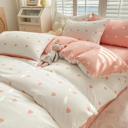 Blush Pink Duvet Cover Set King Heart Bedding Set Cute Love Heart Bedding 3Pcs Girls Reversible White Pink Duvet Cover with Zip and 2 Pillowcases（No Comforter）