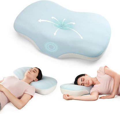 Cervical Pillow for Neck and Shoulder Support, Ergonomic Memory Foam Contour Pillows with Adjustable Dual Heights & Breathable Cover for Side Back Stomach Sleepers (Blue)