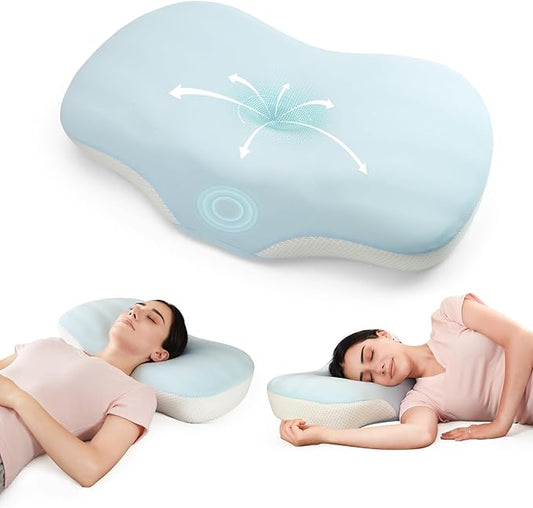 Cervical Pillow for Neck and Shoulder Support, Ergonomic Memory Foam Contour Pillows with Adjustable Dual Heights & Breathable Cover for Side Back Stomach Sleepers (Blue)
