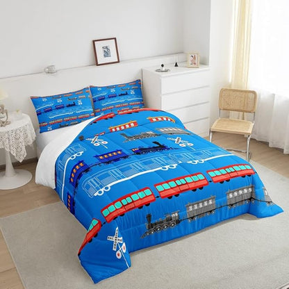 Feelyou Cartoon Car Comforter Set for Kids Boys Girls Vintage Car Comforter Train Bedding Set Decor Retro Steam Train Blue Light Sign Duvet Set King Size Quilt 3Pcs Boys