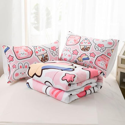 CVHOUSE Kawaii Bedding Queen Size,Kawaii Rabbit Bedding Set for Girls Kids,Cute Rabbit Comforter Set Kawaii Rabbit Duvet Set Rabbit Pattren Quilt Set Girls Room Decor 3 Pieces