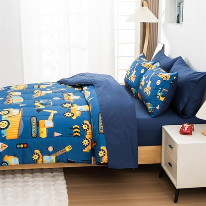 NTBED 5 Pieces Construction Truck Full Comforter Set for Boys Kids Bed in a Bag Vehicles Excavator Lightweight Microfiber Bedding Sets,Blue