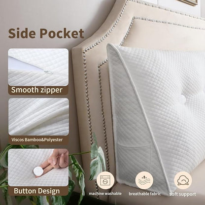 Wedge Headboard Pillow for Bed, Queen Dorm Headboard Pillow Support for Sitting Up, Reading, Relaxing, Bolster Pillow with Removable Washable Cover, White