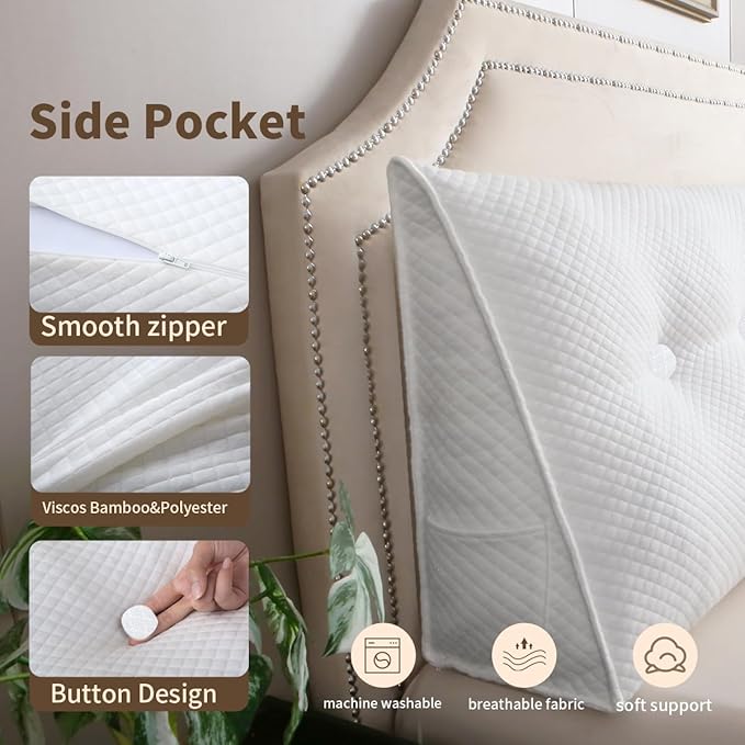 Wedge Headboard Pillow for Bed, Twin Dorm Headboard Pillow Support for Sitting Up, Reading, Relaxing, Bolster Pillow with Removable Washable Cover, White
