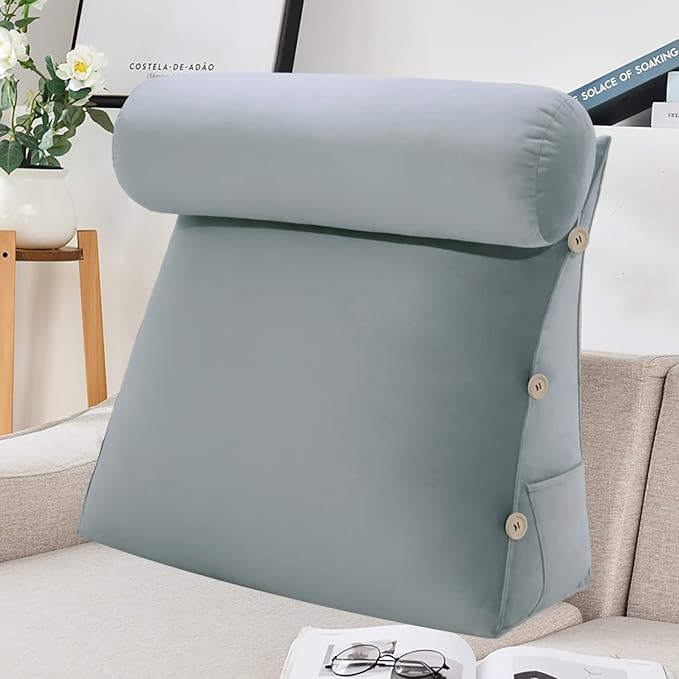 Adjustable Triangle Wedge Reading Pillow Neck Back Support Throw Pillow with Bolster for Sitting Up in Bed Daybed or on Sofa Reading Couch with Removable Velvet Cover 24x8x20 Inch Gray