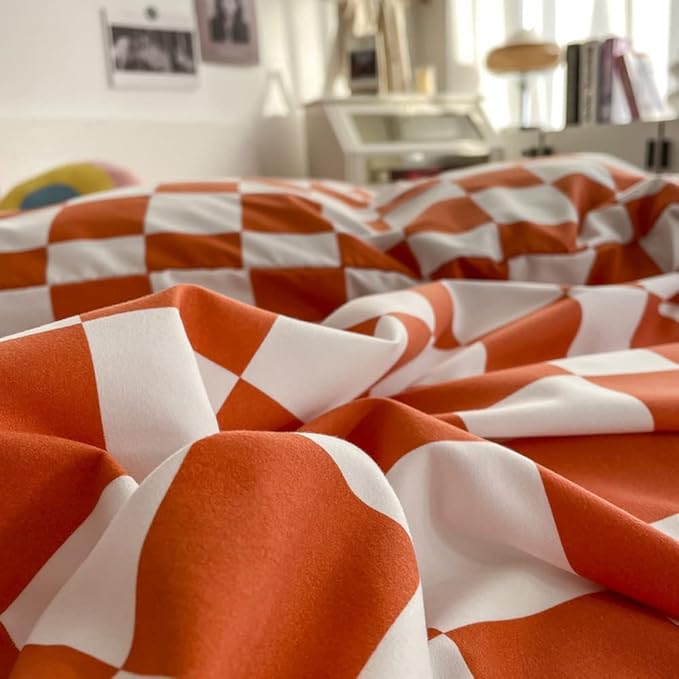 Wellboo Orange Plaid Comforter Sets King Size Women Girls Light Red Checkerboard Bedding Comforters Cotton Rust Caramel and White Checkered Geometric Quilts Adults Modern Buffalo Grid Abstract Bed
