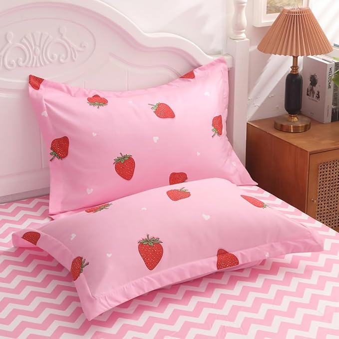 Strawberry Comforter Bedding Set Full Size for Girls 7 Piece Pink Kawaii Comforter Set Bed in A Bag for Kids Teens All Season (1 Comforter,1 Flat Sheet,1 Fitted Sheet and 4 Pillow Sham)