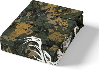Castle Fairy Hunting Themed Bedding Set Queen Size,Deer Antler Fish Bird Pine Trees Print Duvet Cover Set for Children Bedroom Present, Green Camo Leaves Microfiber Comforter Cover with 2 Pillowcases