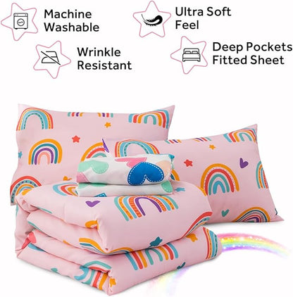Holawakaka Boho Rainbow Twin Comforter Set with Sheets, 5-Piece Bohemian Love Heart Star Bedding Set for Girls & Women -Super Soft Microfiber Kids Teen-Girls Twin Size Blush Reversible Bed-in-a-Bag