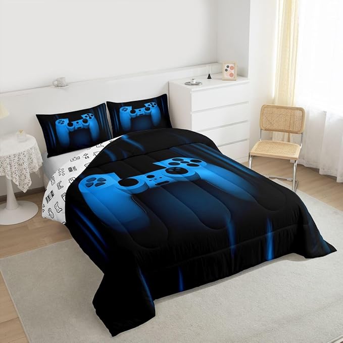 Feelyou Boys Gamer Comforter Set Twin Size Bedding Set for Kids Gaming Comforter Blue Black Video Games Gamepad Room Decor for Teens Child Super Soft Geometric Duvet Quilted Son Grandson Gift