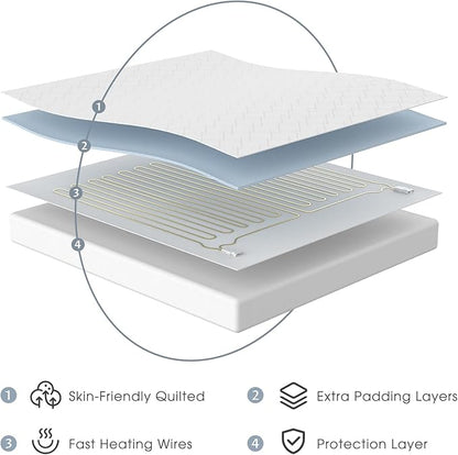 King Size Electric Heated Mattress Pad - Quilted Bed Warmer with Memory & Preheat Functions, 12 Heat Settings Dual Control for 1-12 Hours Auto Off, Lighted Button