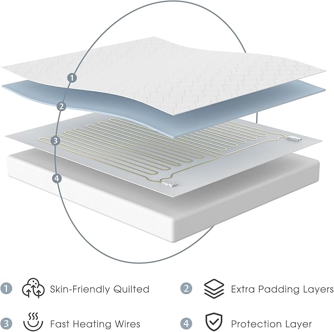 Queen Size Electric Heated Mattress Pad - Quilted Bed Warmer with Memory & Preheat Functions, 12 Heat Settings Dual Control for 1-12 Hours Auto Off, Lighted Button