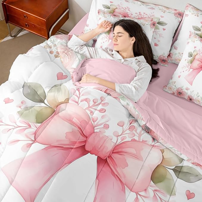 Erosebridal Pink Bow 7 Piece Bedding Set - Kawaii Floral Bowknot Comforter Sets with Sheets for Kids Girls Room Decor - Romance Flowers Coquette Bowknot Bed in A Bag Full Size