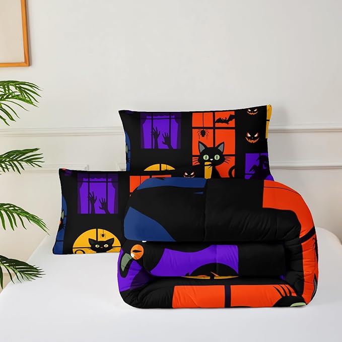 Halloween Black Cat Kids Comforter Set Full，Full Size Halloween Bedding Set,Cat Bedding Set for Girls Teens Kids Boys Adults Room Decor with 1 Comforter with 2 Pillow Case