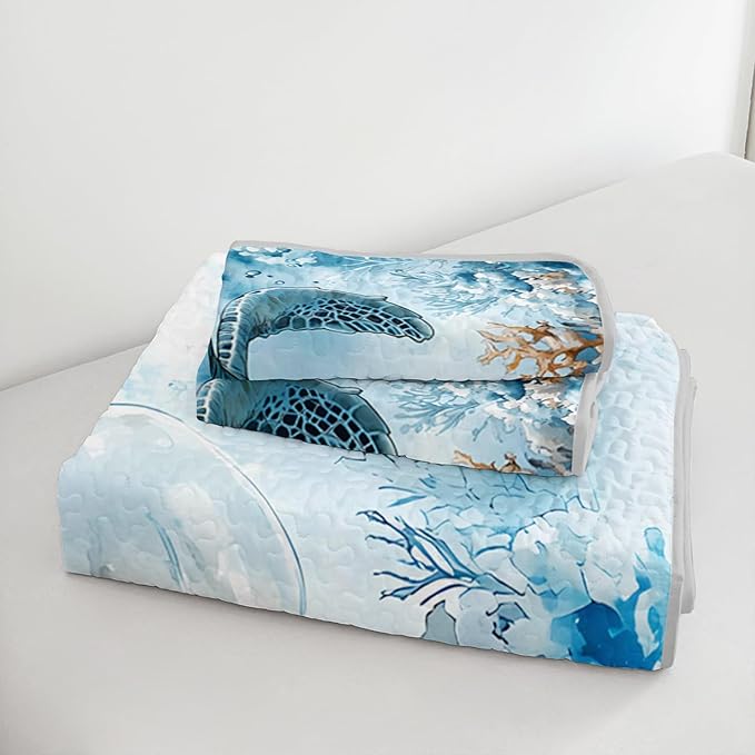 Coastal Bedding Quilt Sets Full Size,Summer Blue Sea Turtles Jellyfish Nautical Bedding Quilt with 2 Pillowcases,Beach Themed Soft Lightweight Quilted Set.
