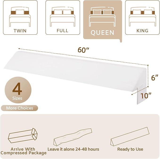 Bedluxe Queen Bed Wedge Pillow for Headboard, Wedge Pillow Headboard, Pillow Wedge for Headboard Gap, Bed Gap Filler Queen - Fill The Gap (0-7") Between Headboard and Mattress (White, 60"x10"x6")