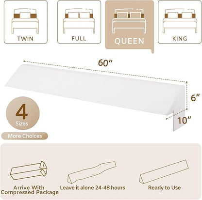 Bedluxe Queen Bed Wedge Pillow for Headboard, Wedge Pillow Headboard, Pillow Wedge for Headboard Gap, Bed Gap Filler Queen - Fill The Gap (0-7") Between Headboard and Mattress (White, 60"x10"x6")