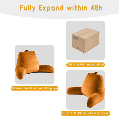 Reading Pillow for Sitting in Bed Adult, X-Large Reading Pillow with Shredded Memory Foam, Back Pillow for Sitting Up with Extend Arms, Pockets, Bed Pillow with Washable Cover, Orange