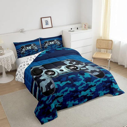 Feelyou Gamer Comforter Set Camouflage Gaming Video Game Bedding Set for Kids Boys Children Blue Camo Gamer Console Comforter Soft Gamepad Decor Quilt Set Twin Size