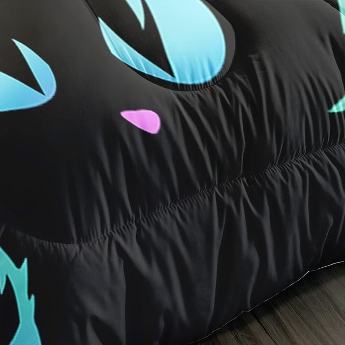 Axolotl Kids Bedding Cartoon Cat Comforter Set, Full Size, Gradient Line Cute Cat Bedding Set for Teens, Kids, Boys, Girls, Adults Room Decor, All Season, 1 Comforter 2 Pillow Cases, Black