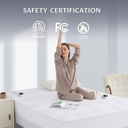 King Size Electric Heated Mattress Pad - Multi Zone Bed Warmer with Memory & Preheat Functions, 10 Heat Settings Dual Control for 1-12 Hours Auto Off, Lighted Button