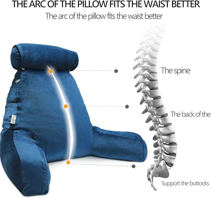 Reading Pillow for Sitting in Bed Adult with Detachable Neck Roll & Big Backrest Pillow for Bed Sitting up with Arms Side Pocket Shredded Foam Back Pillows Chair Pillow with Washable Cover