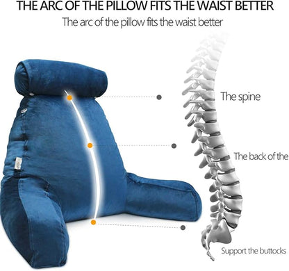 Reading Pillow for Sitting in Bed Adult with Detachable Neck Roll & Big Backrest Pillow for Bed Sitting up with Arms Side Pocket Shredded Foam Back Pillows Chair Pillow with Washable Cover
