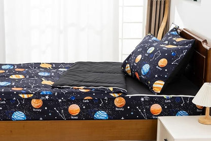 Holawakaka Kids Zipper Bedding Galaxy Comforter Set, Boys Girls Twin Size Outer Space Stars Planet Print Zippered Bed Sets, Child Cartoon Dorm Zip Bedding