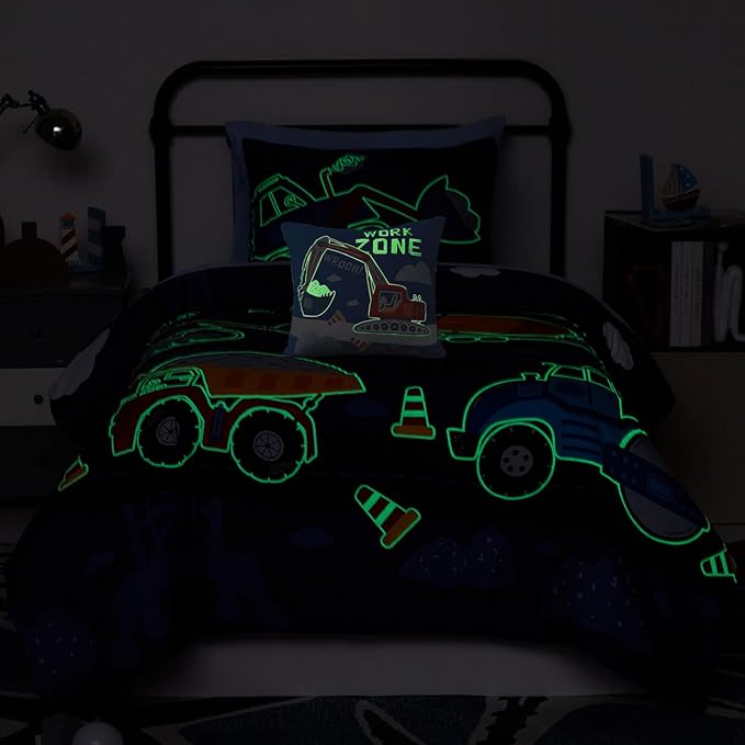 Kids Comforter Set Twin Size for Boys, Glow in The Dark Truck Bedding Set 1 Comforter, 1 Decor Pillow, 1 Pillow Shams