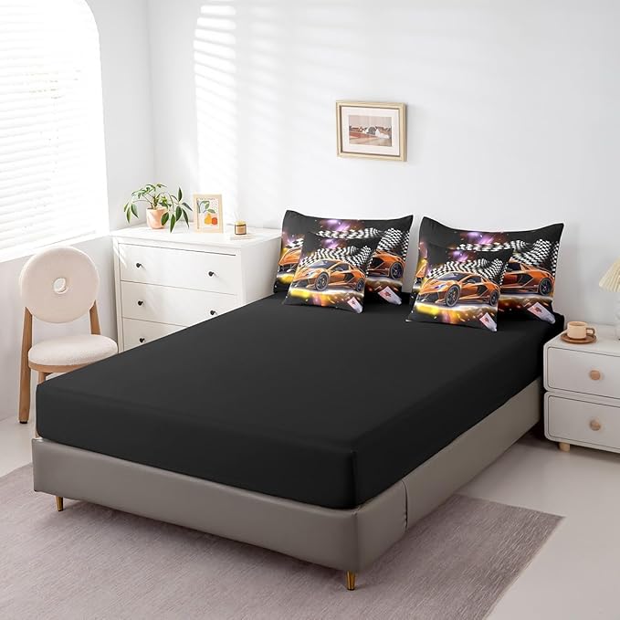 Feelyou Orange Racing Car 7 Piece Bedding Set King Size Extreme Sport Comforter Set with Sheets for Kids Boys Girls Teens Toddler Fast and Furious Bed in a Bag Black White Flag Bed Set