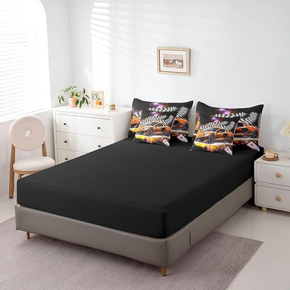 Feelyou Orange Racing Car 7 Piece Bedding Set Queen Size Extreme Sport Comforter Set with Sheets for Kids Boys Girls Teens Toddler Fast and Furious Bed in a Bag Black White Flag Bed Set
