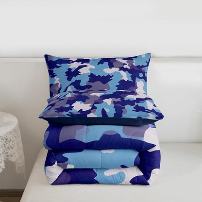 Camouflage Print Full Size Comforter Set,Blue Gray Purple Reversible Bedding Set Bedroom Collection,Army Camo Pattern Abstract Soft Quilted Duvet for Girls Teens