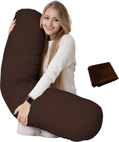 King Size Extra Long Round Body Pillow - 54x12 Bolster Pillow for Bed Extra Soft Body Pillow with Removable Pillowcase, Maternity Pillow - Brown