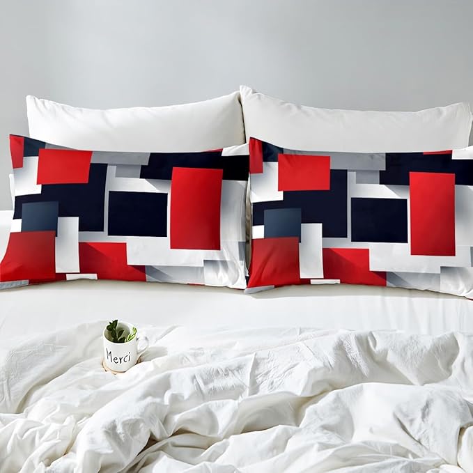 Castle Fairy 3D Geometric Comforter Covet Full Size,Red Black Grey Abstract Square Duvet Cover with 2 Pillowcases,3 Piece,Colorful Plaid Print Polyester Bedding Set for Boys Teens Bedroom Decor