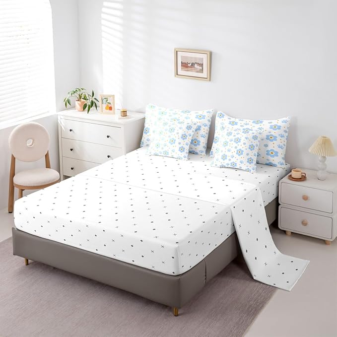 Feelyou Blue Flower 7 Piece Bedding Set Cute Dog Paw Print Comforter Set with Sheets for Kids Boys Girls Star Print Bed in a Bag Kawaii Bed Set Soft Lightweight
