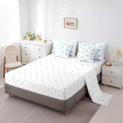Feelyou Blue Flower 7 Piece Bedding Set Cute Dog Paw Print Comforter Set with Sheets for Kids Boys Girls Star Print Bed in a Bag Kawaii Bed Set Soft Lightweight