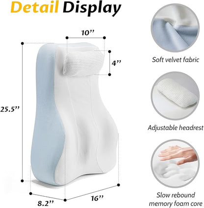 Ergonomic S Curve Reading Pillow for Sitting in Bed Adult- Back Pillow for Bed Sitting up with Adjustable Headrest- Memory Foam White, Blue