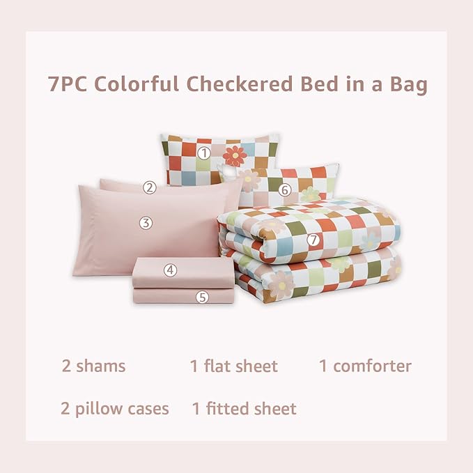 Full Size Comforter Set for Girls, Colorful Checkered Bedding Set with Cute Floral, All Season Plaid Kids Bed in a Bag 7 Pieces with Sheets, Pillowcases & Shams