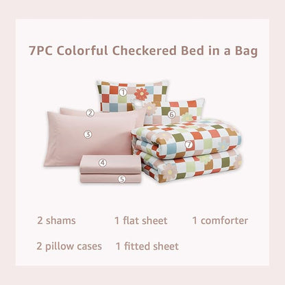 Full Size Comforter Set for Girls, Colorful Checkered Bedding Set with Cute Floral, All Season Plaid Kids Bed in a Bag 7 Pieces with Sheets, Pillowcases & Shams