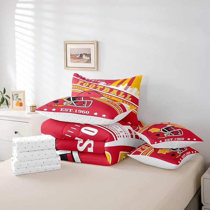 Football Lovers Full Bedding Sets, Football Sports Decor Comforter Set Red And Yellow Football Rugby Helmet Comforter + Flat Sheet + Fitted Sheet + 2 Pillowcases + 2 Throw Pillow Covers (Kansas)